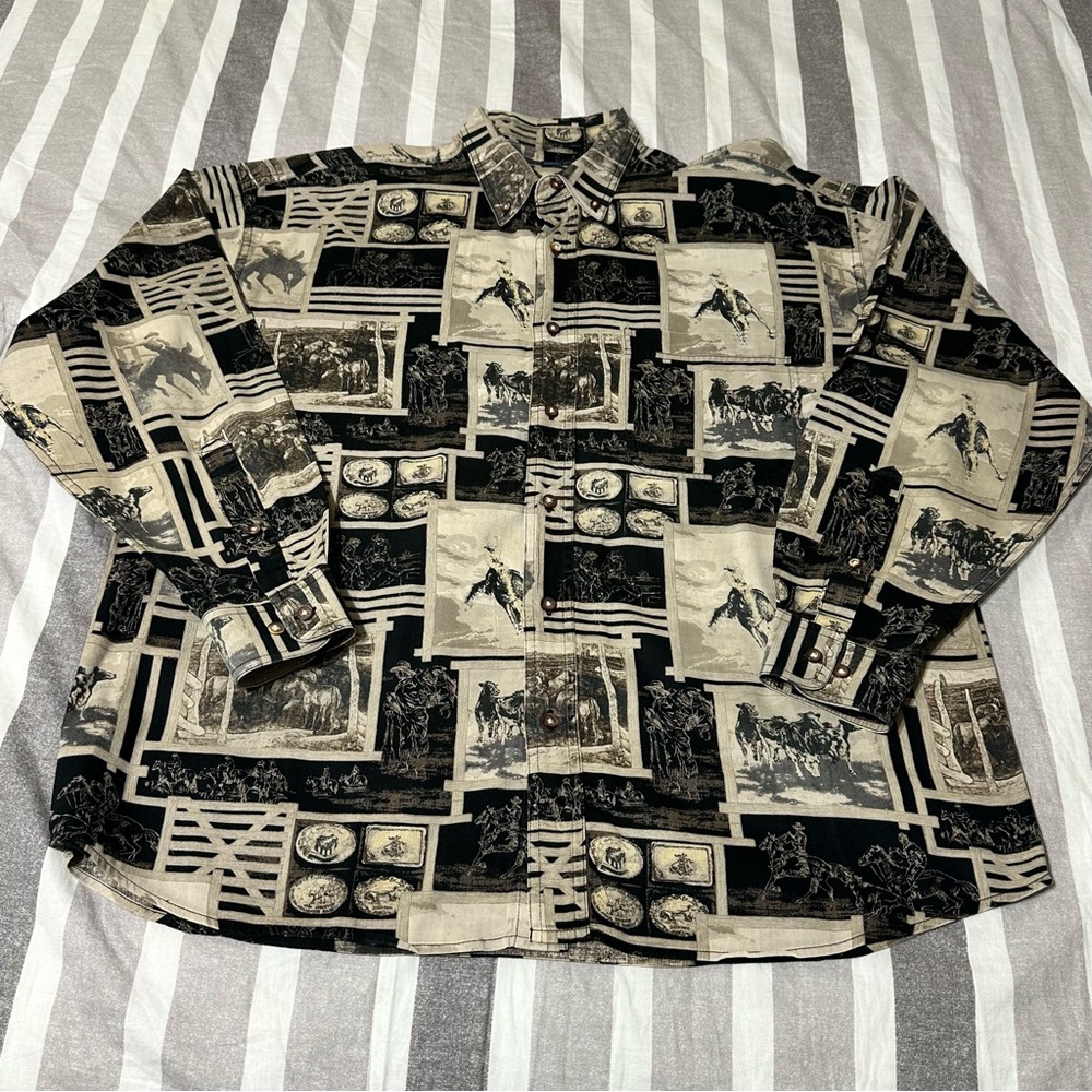 Bit & Bridle Horse Button Shirt Mens  Large L Black Cream All over Rodeo
